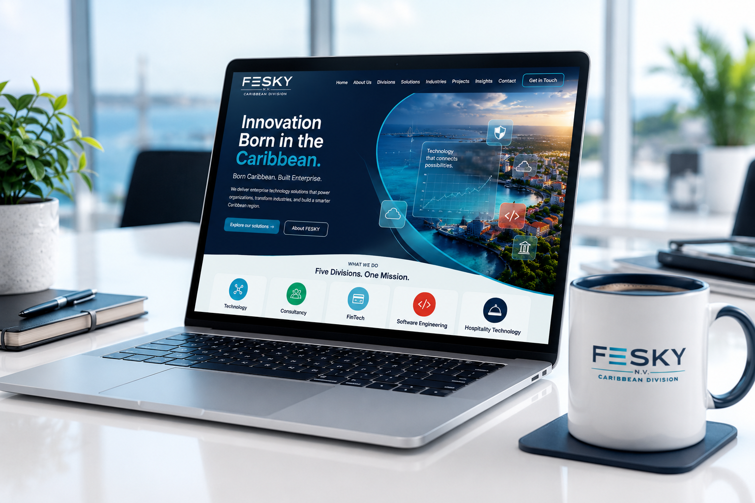 FESKY enterprise workspace with laptop and branded coffee cup
